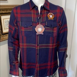 BNWT unique rare Bornfly Navy and Red Plaid Men's Shirt